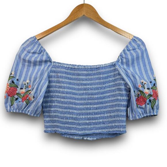 Womens Puff Sleeve Smocked Crop Top Embroidered Striped Blue White Size Small - Picture 3 of 4